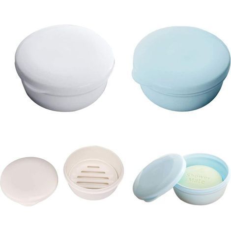 Portasapone in plastica blu e bianca con vassoio asciuga sapone portatile, ideale per i viaggi - Set di 2 portasapone (rotondi) (1/5)