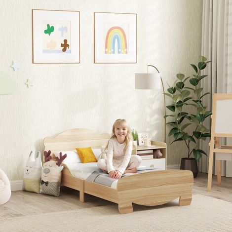 Lit cabane enfant 143,5/80/55 cm bois naturel en bois avec barrières de sécurité et motif ours (1/5)