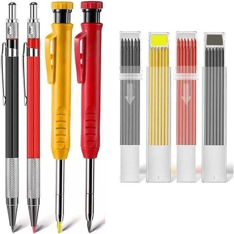 4 Pièces Crayons de Charpentier Mécaniques avec Taille-Crayon Intégré et 40 Recharge, Crayons de Menuiserie à Trous Profonds Solides pour le chantier,de menuiserie pour construction, (1/5)