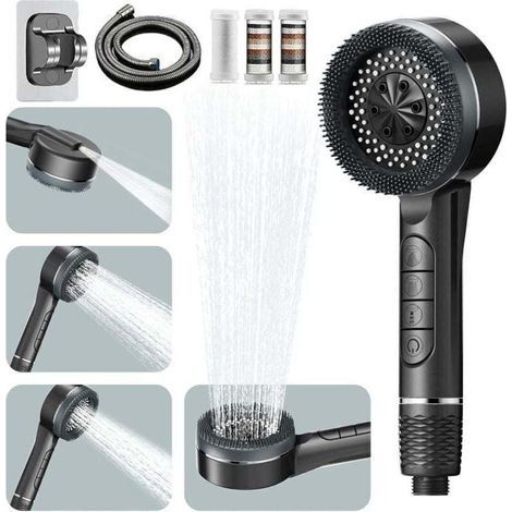 Pommeau deouche Haute Pression , Pommeau Douche Economie Deau 4 Types de Jets Pommeau de Douche Anti Calcaire avec Tuyau Douche 1.5M et Support de Douche , avec Bouton D'arrêt D'eau,Gris [Classe énerg (1/4)