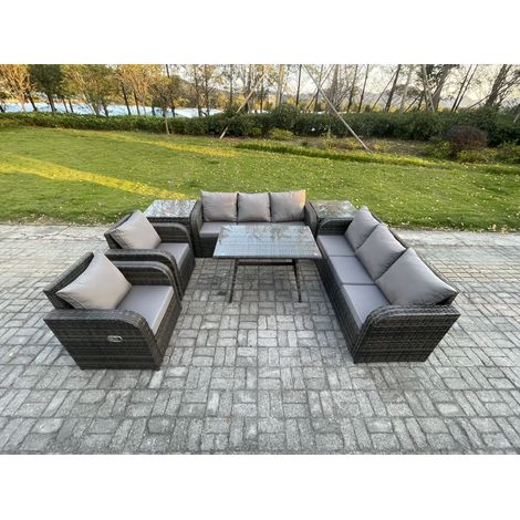 Fimous 8-Sitzer Rattan Gartenmöbel Sofa Set Tisch & Stühle Set mit 3-Sitzer Sofa Rechteckiger Esstisch 2 Beistelltischen Dunkelgrau Gemischt (1/5)