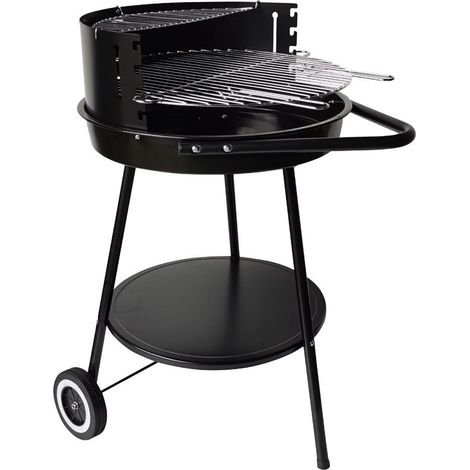 Barbecue rotondo a carbonella con ruote e altezza regolabile, realizzato in acciaio smaltato con griglia in acciaio inox.