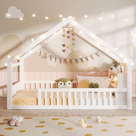 Lit enfant 90x190 cm avec barrière protectrice, éclairage LED intégré, cadre en pin blanc, style épuré, sans matelas, design minimaliste (1/5)