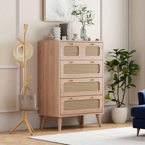 Skandinavische Kommode mit 5 Schubladen, Holzfüße - B 60 x T 34 x H 91 cm - natürliche Holzoptik