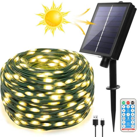 Luci di Natale catena da esterno 30 mt di 300 micro LED a ricarica Solare e USB luce Calda cavo Verde