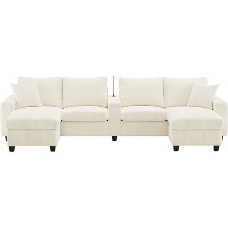 Canapé en velours côtelé en U avec 2 poufs, lampe de lecture réglable, porte-gobelets, USB/Type-C, LED décoratives, beige, 334x128,5x81 cm (1/5)