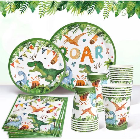 Vaisselle Jetable Dinosaure - 96 Pièces - Papier - Fête Anniversaire Enfant - Thème Jungle Safari - Vert (1/5)