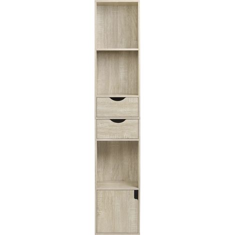 Bibliothèque étroite et haute avec 3 niches, 2 tiroirs et porte en bois d’ingénierie chêne clair (1/5)