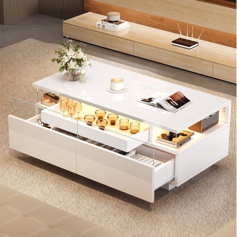 Mesa de centro 90x45x35.5 cm blanca en tablero de partículas con bandeja extraíble, 2 cajones acrílicos y LED (1/5)