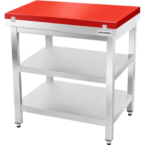 Table de travail en inox 700x600 mm avec plaque de découpe rouge et 2 étagères PREMIUM - GOLDINOX (1/4)