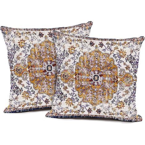 Ensemble de tapis 2 pièces à motifs bohèmes et ethniques, housses de coussin décoratives en coton et lin, jaunes et bleues, 18 x 18 pouces. (1/5)