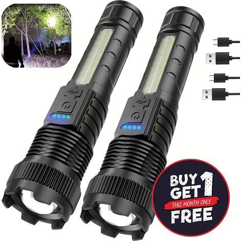 Kaufen Sie 1, erhalten Sie 1 gratis Insgesamt 2 wiederaufladbare, multifunktionale LED-Taschenlampen mit hoher Leuchtkraft, 6 Leuchtmodi, COB-Seitenlicht, USB-C-Anschluss, Zoomfunktion und starker Lei