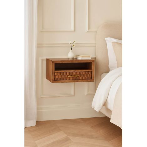 Mesita de noche moderna de madera maciza de mango marrón, acabado acid wash, 1 cajón y 1 estante (1/5)