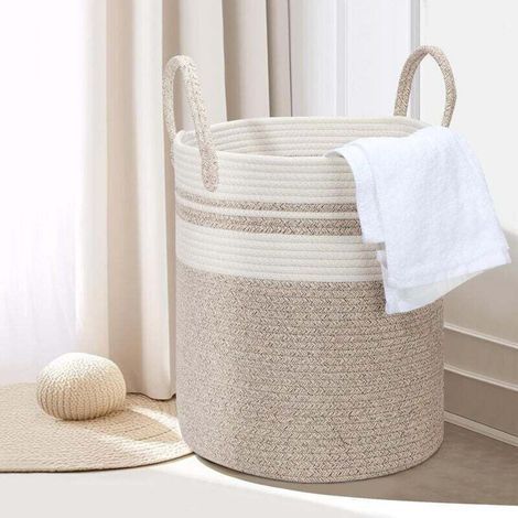 Enowelir Wäschekorb aus gewebter Baumwolle, 45 Liter, mit Tragegriff, für Kinderzimmer und Badezimmer, 35 x 40 cm, Beige und Weiß (1/5)