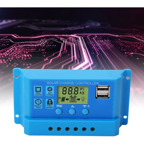 Régulateur de batterie solaire double USB PWM bleu, contrôleur de charge solaire, adaptatif 12/24V 10A. (1/5)