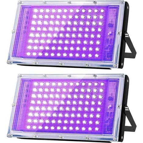 Lumière noire UV LED 100 W, projecteur UV puissant, IP66, lampe UV 395 nm pour Noël, fête lumineuse d'Halloween (2 paquets) (1/4)