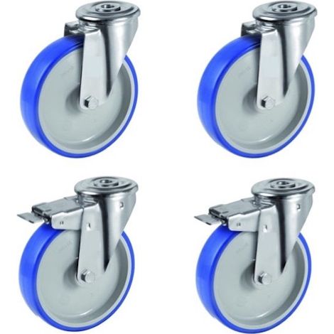 Lot de 4 roulettes à oeil pivotantes et pivotantes à frein polyuréthane BLEU-SOFT® 80 mm - 225 Kg (1/3)