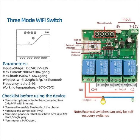 Interrupteur intelligent 4 canaux WiFi Bluetooth sans fil, relais à contact sec, module de commande à distance par application, 7-32 V (1/5)