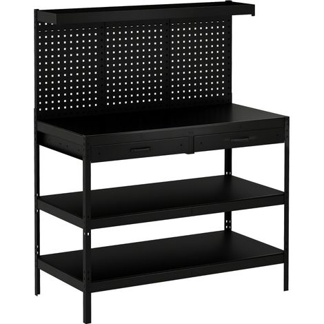 Banco da lavoro con ripiani regolabili, pannello forato e 2 cassetti, 122 x 61 x 156 cm, nero (1/5)