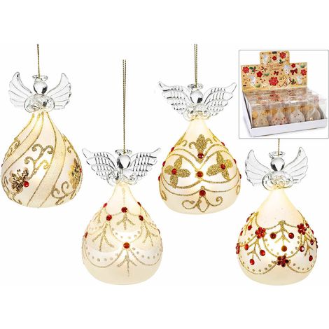 Angeli decorativi natalizi in vetro con luce LED e decorazioni brillanti in rilievo, da appendere, set da 12 pezzi, Angelo: Ø 6,5 cm x 10,5 H