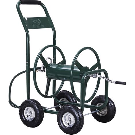 Chariot dévidoir mobile pour tuyau d’arrosage vert, capacité 90 m tuyau 5/8 pouce, cadre acier revêtu poudre, panier de rangement, roues pneumatiques 10 pouces pour jardin et aménagement paysager (1/5)