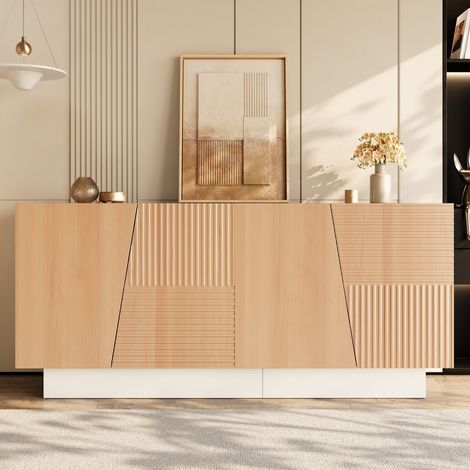 Comanlai - Buffet Buffet Bas 160 cm Style Scandinave Moderne, Meuble de Rangement Salon 4 Portes avec Motifs Géométriques Rainurés et Étagères Réglables, Blanc+Naturel (1/5)