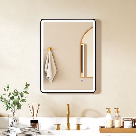 Miroir de salle de bain LED, antibuée, miroir de maquillage à intensité variable avec éclairage, 80 x 60 cm, cadre noir