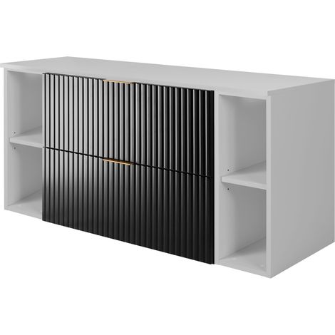 Furnidea - Meuble sous vasque FLOW NOIR 120 cm avec 2 x l'étagères - extensions et plan BLANC - 2 tiroirs - façades rainurées (1/5)