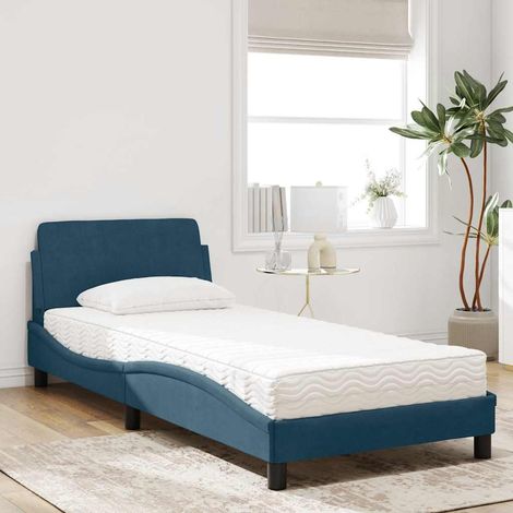 Lit avec matelas 80 x 200 cm en velours bleu, sommier à lattes, fermeté H2/H3 - PANGIVO (1/5)