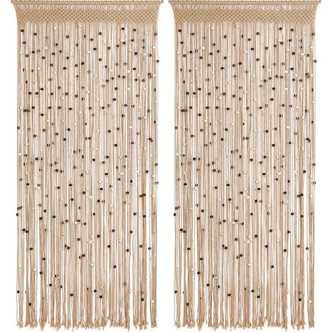 Lot de 2 Rideaux à ficelles en Coton Fait à la Main en macramé avec Perles en Bois et Pompons à Suspendre de Style Hippie – Séparateur de pièce pour Couloir, Placard, Chambre à Coucher (1/5)