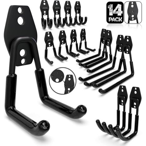 3-H Crochet Mural Garage 14pcs, Porte Outils Mural pour Rangement Atelier Jardin, Crochet Muraux en Acier Robuste avec 3 Points de Soudure pour Êchelle,Vélo,Tuyaux,Outil électrique,Noir (1/5)