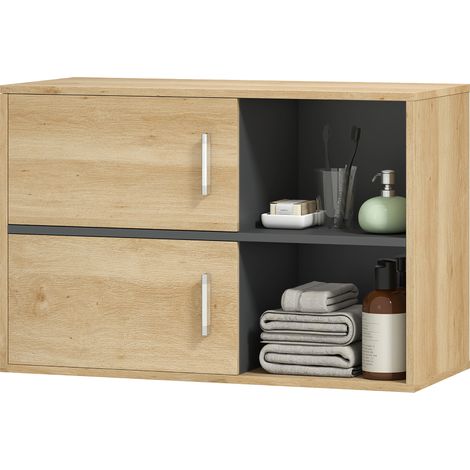 Meuble de salle de bain mural avec compartiments ouverts et 2 portes, mobilier de salle de bain moderne, 80 x 35 x 57,5 cm, naturel (1/5)