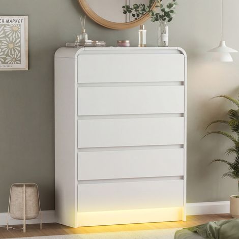 Settimino, cassettiera alta a 5 cassetti con LED, mobile contenitore 73 x 40 x 110 cm, design arrotondato senza maniglie, stile moderno minimalista - Bianco