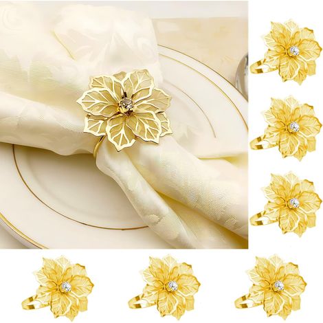 Lot de 6 ronds de serviette en forme de fleur doré avec strass en cristal pour mariage, baptême, décoration de table 5,5 cm