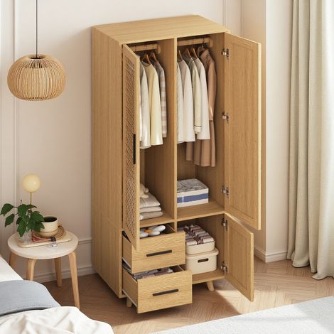 Armoire avec tringle, 2 portes, 2 tiroirs, filet en rotin, en panneaux de particules et rotin, Dimensions 80x52x166 cm, Chêne (1/5)