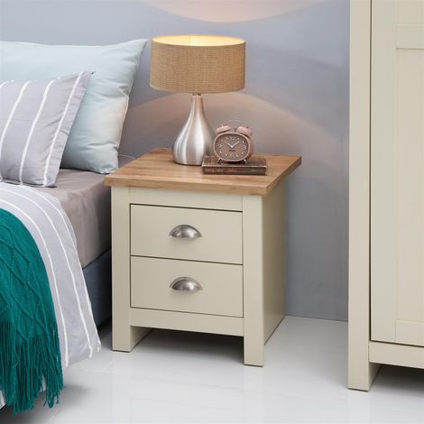 Modern 2 Drawer Bedside Table with Oak Effect Top in Cream (1/5)
