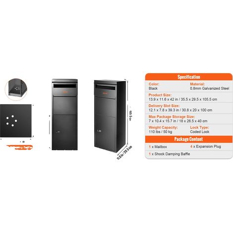Boîte de livraison, acier galvanisé 0,8 mm, serrure codée et baffle anti-vol, boîte aux lettres étanche et résistant à la rouille pour le stockage de colis en extérieur, 42in (1/2)