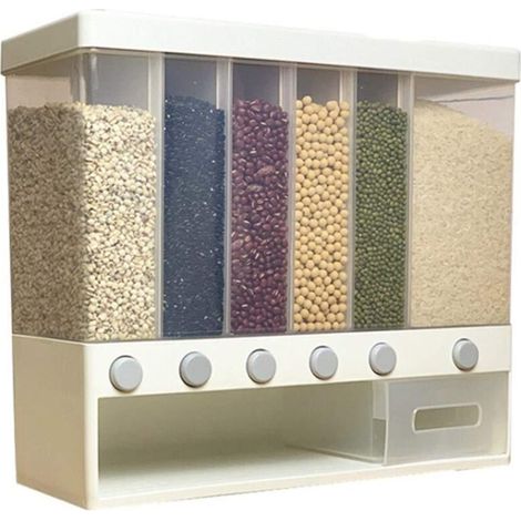 Dispensador mural compartimentado para arroz y cereales, 10 kg, 6 compartimentos automáticos de plástico, caja de almacenamiento a prueba de humedad.
