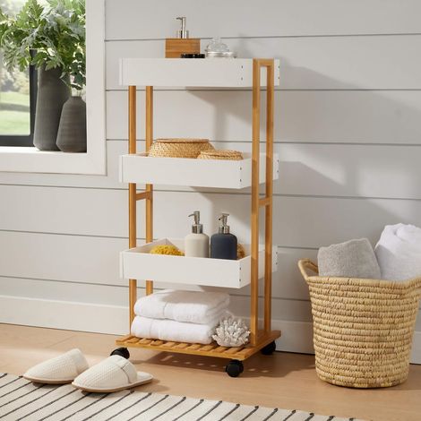 Bamboo Storage Trolley White 4 Tier with Wheels Kitchen Bathroom Organiser Unit (1/5)
