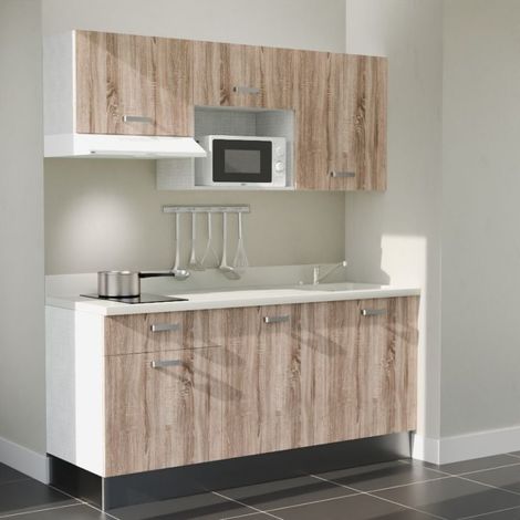 Kitchenette K30L - 180 cm - plan monobloc évier intégré Snova- évier à droite - Façades Bois + Electroménager inclus coloris Blanc