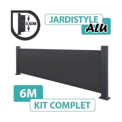 Cloture & Jardin – Clôture aluminium gris anthracite 6m – Panneaux pleins sur platines – Hauteur 0,60m – Installation facile sur muret ou dalle béton