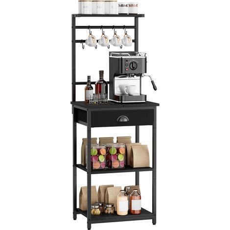 Height-Adjustable 5-Tier Coffee Stand with Fabric Drawers, 8 S-Shaped Hooks & Corner Bar Cabinet for Kitchen & Living Room (1/5)