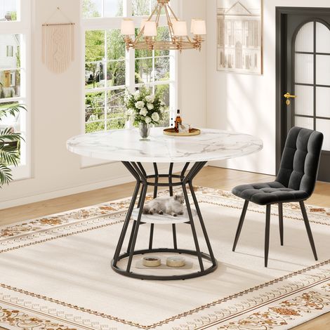 Mesa redonda de MDF y metal 100 cm negro efecto mármol, altura 76 cm, 4 plazas (1/5)
