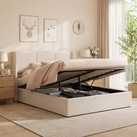 Lit coffre 140x190 cm en lin beige avec rangement hydraulique, design chaleureux, confortable, élégant et gain de place (1/5)