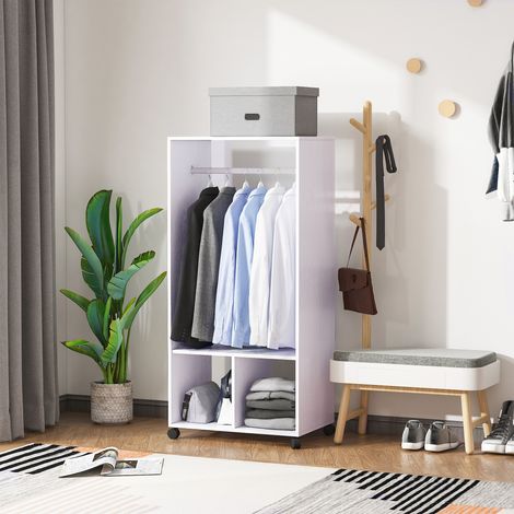 HOMCOM Armoire penderie étagère 2 niches penderie 4 roulettes pivotantes dim. 60L x 40l x 128H cm Coloris Blanc