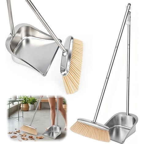 Pelle à poussière avec long manche et balai, pelle en acier inoxydable de 118 cm et balai réglable, nettoyage très efficace pour la maison, le bureau, la véranda, la terrasse (1/5)
