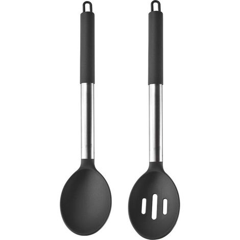 (NOIR) Lot de 2 grandes cuillères à soupe en silicone, louches solides antiadhésives, ustensiles de cuisine résistants à la chaleur