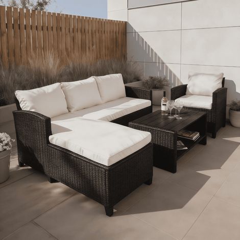 Trapani 4 Piece Garden Patio Furniture Set Corner Sofa Table Chair Cushions Black (1/5)