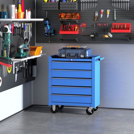 Carro de taller (67.5x33x77 cm), con 5 cajones, cerrable, móvil, acero azul (1/5)