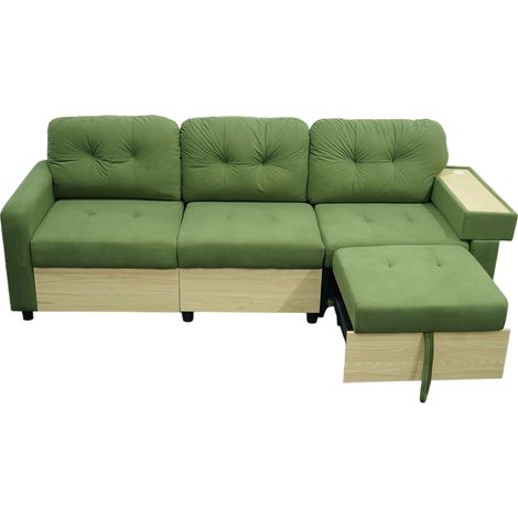 Canapé d’angle 3 places en velours vert avec méridienne extensible, USB, rangements et tablette en bois (1/5)